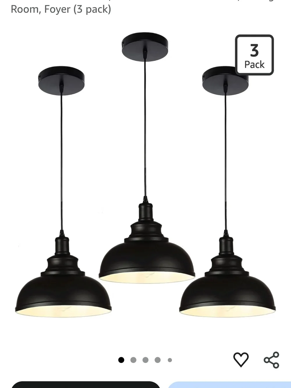 Black Hanging Pendant Light Fixture - 3 Pack